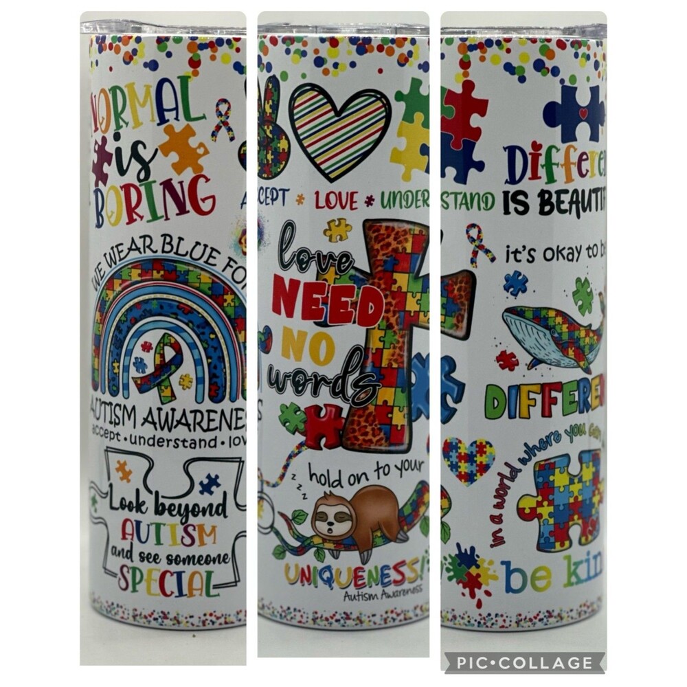 NEW "Autism" 20 oz. Stainless Steel Tumbler w/Straw Set & Silicone Tip